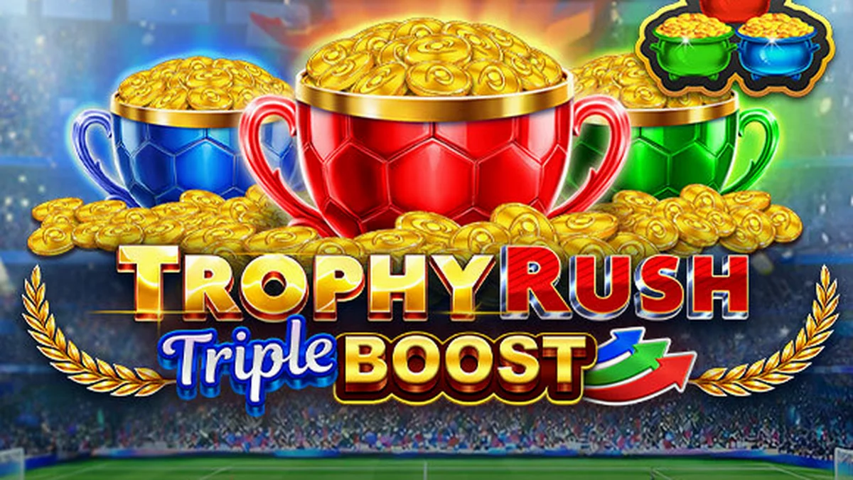 Interface do jogo Trophy Rush Triple Boost com moedas douradas brilhantes